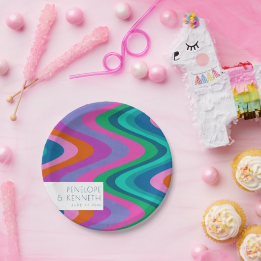 Groovy farbenfrohe Lila Retro Hochzeit maßgeschnei Pappteller (Party)