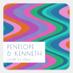 Groovy farbenfrohe Lila Retro Hochzeit maßgeschnei Quadratischer Aufkleber