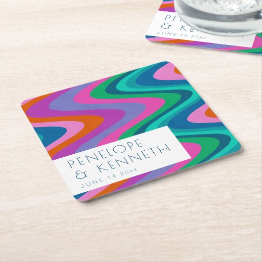 Groovy farbenfrohe Lila Retro Hochzeit maßgeschnei Rechteckiger Pappuntersetzer (angewinkelt)