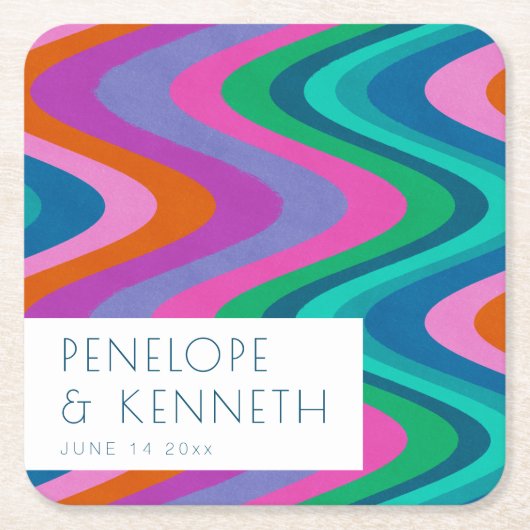 Groovy farbenfrohe Lila Retro Hochzeit maßgeschnei Rechteckiger Pappuntersetzer (Vorderseite)