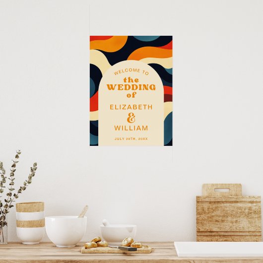 Groovy farbenfrohe Retro Wavy Wedding Willkommensz Poster (Küche)