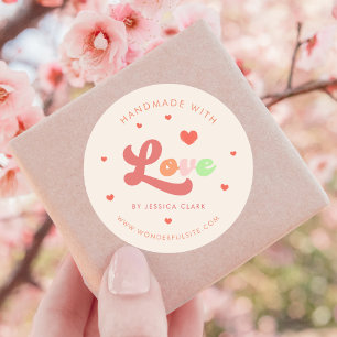 Groovy farbenfroher Retro Handmade in Liebe Herz Runder Aufkleber