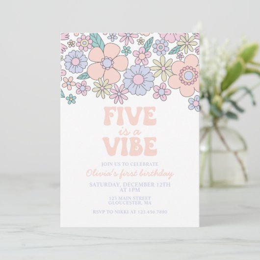 Groovy Five ist ein Vibe Retro Floral 5. Einladung (Stehend Vorderseite)