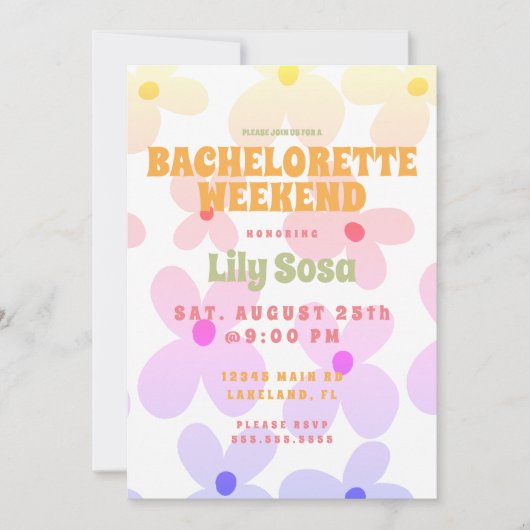 Groovy Flora Retro Bachelorette Wochenende Regenbo Einladung (Vorderseite)