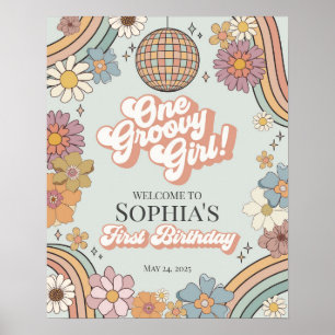 Groovy Floral 1. Geburtstag Retro Begrüßungszeiche Poster