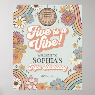Groovy Floral 5. Geburtstag Retro Begrüßungszeiche Poster