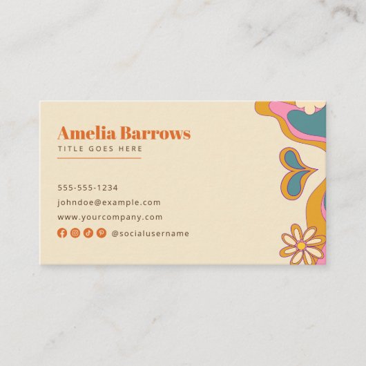 Groovy Floral Retro Abstrakter 70er Inspiriert Visitenkarte (Vorderseite)