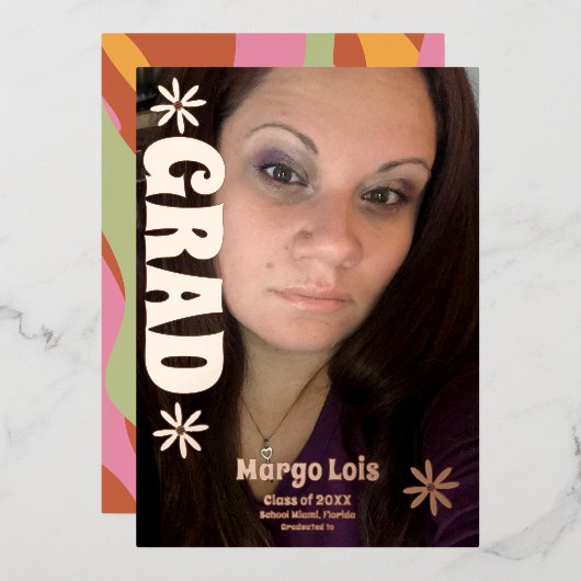 Groovy Florals Abschluss Pressed Foil Einladung (Vorderseite/Rückseite)