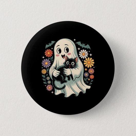 Groovy Flower Geist hält schwarze Katze Halloween Button (Vorderseite)