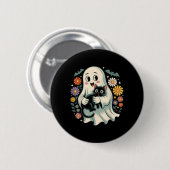 Groovy Flower Geist hält schwarze Katze Halloween Button (Vorne & Hinten)