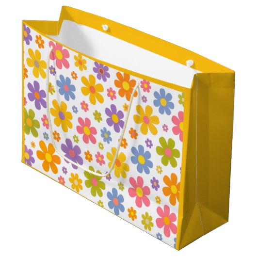 Groovy Flower Power (Gelb) Große Geschenktüte (Vorderseite Schrägansicht)