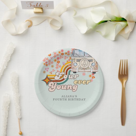 Groovy Fourever Young daisy Van 4. Geburtstag Pappteller (Hochzeit)