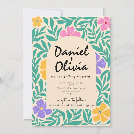 Groovy Funky Floral mit QR Foto Wedding Einladung (Vorderseite)