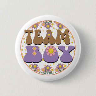 Groovy Gender Reveal Team Boy Blue, Retro Blume Button
