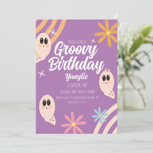 Groovy Ghost Floral Retro Halloween-Party Einladung (Stehend Vorderseite)