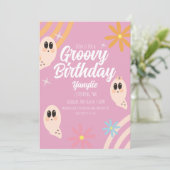 Groovy Ghost Floral Retro Halloween-Party Pink Einladung (Stehend Vorderseite)