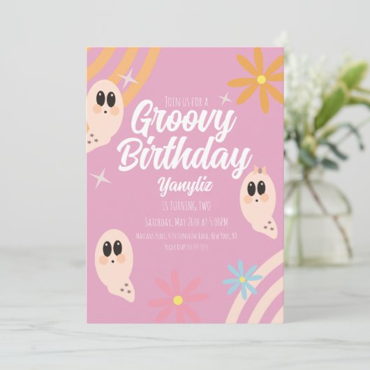 Groovy Ghost Floral Retro Halloween-Party Pink Einladung (Stehend Vorderseite)