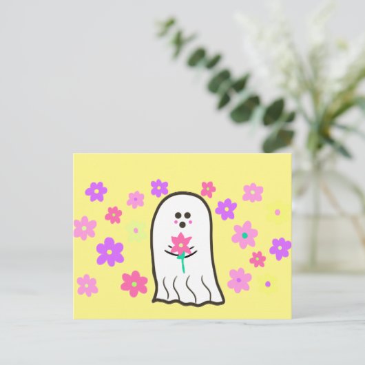 Groovy Ghost mit Blume Postkarte (Stehend Vorderseite)