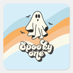groovy Ghost Retro Halloween Spooky One Blue Quadratischer Aufkleber