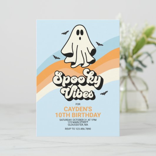 Groovy Ghost Retro Halloween Spooky Vibes Blue Einladung (Stehend Vorderseite)