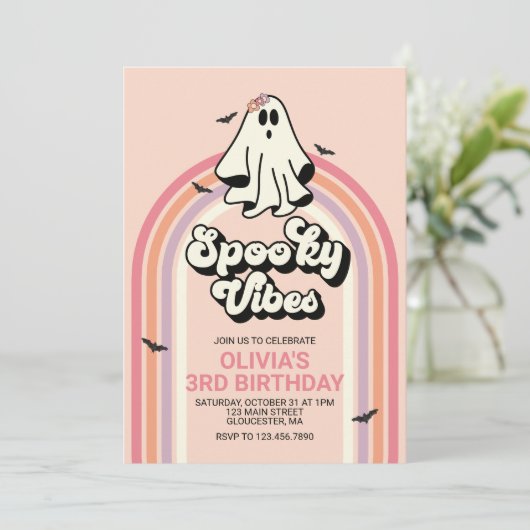 Groovy Ghost Retro Halloween Spooky Vibes Geburtst Einladung (Stehend Vorderseite)