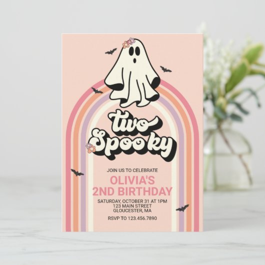 Groovy Ghost Retro Halloween Zwei Spooky Geburtsta Einladung (Stehend Vorderseite)