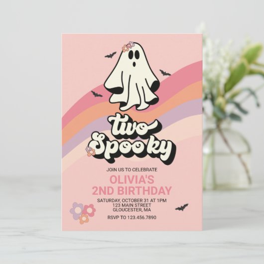 Groovy Ghost Retro Halloween Zwei Spooky Geburtsta Einladung (Stehend Vorderseite)