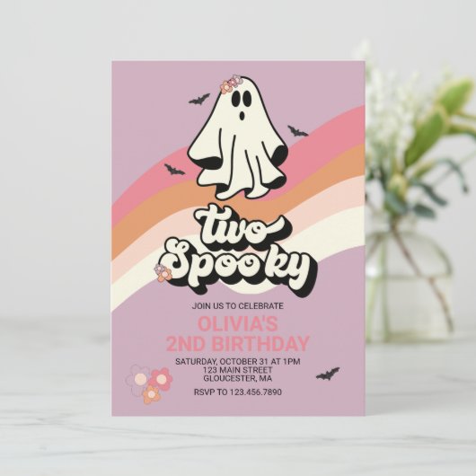 Groovy Ghost Retro Halloween Zwei Spooky Geburtsta Einladung (Stehend Vorderseite)