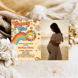 Groovy Girl Retro Rainbow Baby Dusche Party Foto Einladung