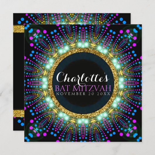 Groovy Glow Blacklight Bat Mitzvah Einladung (Vorne/Hinten)
