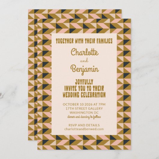 Groovy Gold All-in-One Retro Art Déco Hochzeit Einladung (Vorne/Hinten)