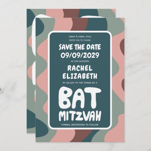 Groovy Green Waves Custom Bat Bar Bnai Mitzvah Save The Date (Vorne/Hinten)