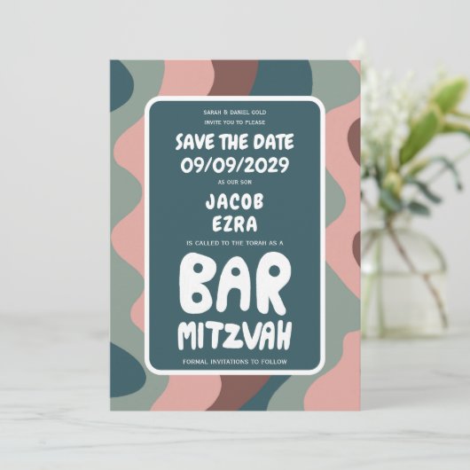 Groovy Green Waves Custom Bat Bar Bnai Mitzvah Save The Date (Stehend Vorderseite)