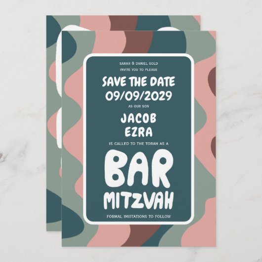 Groovy Green Waves Custom Bat Bar Bnai Mitzvah Save The Date (Vorne/Hinten)