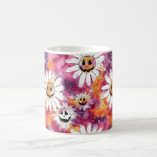 Groovy Halloween Blumen Kürbis Gesichter Kaffeetasse