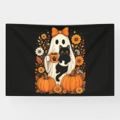 Groovy Halloween-Geist mit schwarzer Katze floral Banner (Horizontal)