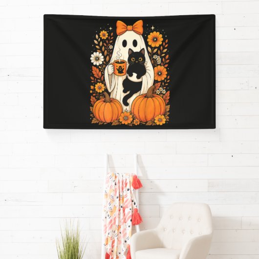 Groovy Halloween-Geist mit schwarzer Katze floral Banner (InSitu)