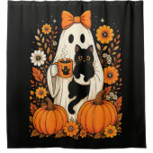 Groovy Halloween-Geist mit schwarzer Katze floral Duschvorhang (Vorderseite)