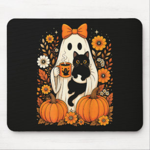 Groovy Halloween-Geist mit schwarzer Katze floral Mousepad