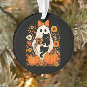 Groovy Halloween-Geist mit schwarzer Katze floral Ornament