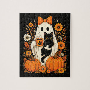 Groovy Halloween-Geist mit schwarzer Katze floral Puzzle