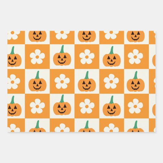 Groovy Halloween Ghosts Pumpkins und Blume Geschenkpapier Set (Vorderseite 3)