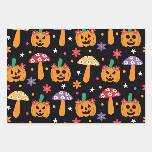Groovy Halloween Ghosts Pumpkins und Blume Geschenkpapier Set (Vorderseite 2)
