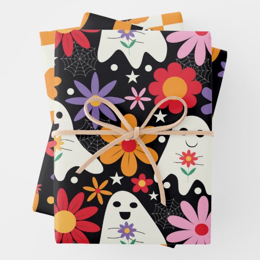 Groovy Halloween Ghosts Pumpkins und Blume Geschenkpapier Set (Beispiel)