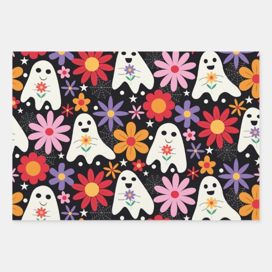 Groovy Halloween Ghosts Pumpkins und Blume Geschenkpapier Set (Vorderseite)