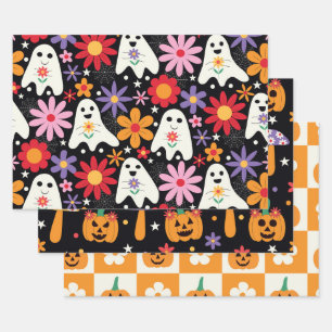 Groovy Halloween Ghosts Pumpkins und Blume Geschenkpapier Set