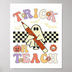 Groovy Halloween Trick oder lehren Retro Blumengho Poster