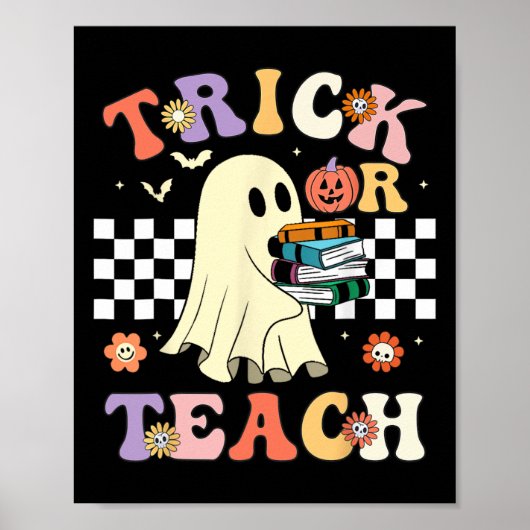 Groovy Halloween Trick oder lehren Retro Blumengho Poster (Vorne)