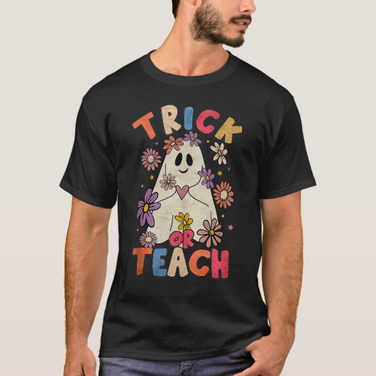 Groovy Halloween Trick oder lehren Retro Blumengho T-Shirt (Vorderseite)