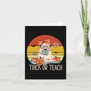 Groovy Halloween Trick or Teach Retro Floral Ghost Karte